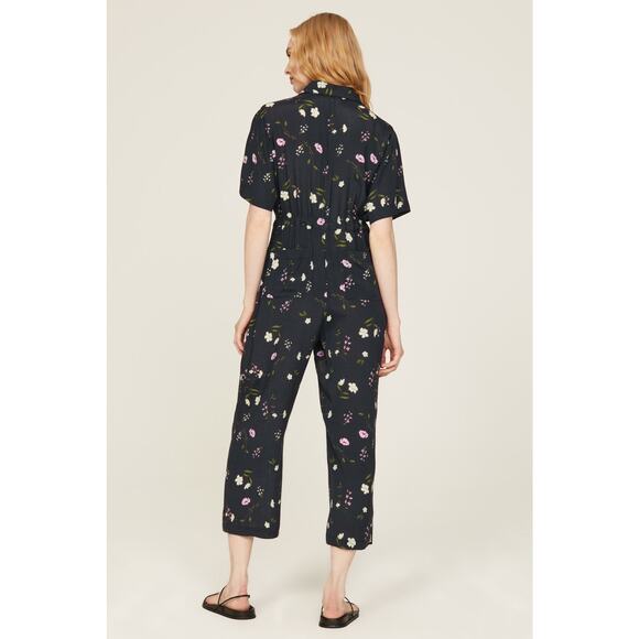 THAKOON COLLECTIVE Black Floral Print Tie Waist Collar Button Front Jumpsuit 10 - Picture 2 of 12